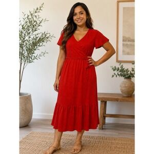 Max Studio Red Wrap Midi Dress Flutter Sleeve Tie Waist Ruffle Hem Women's L